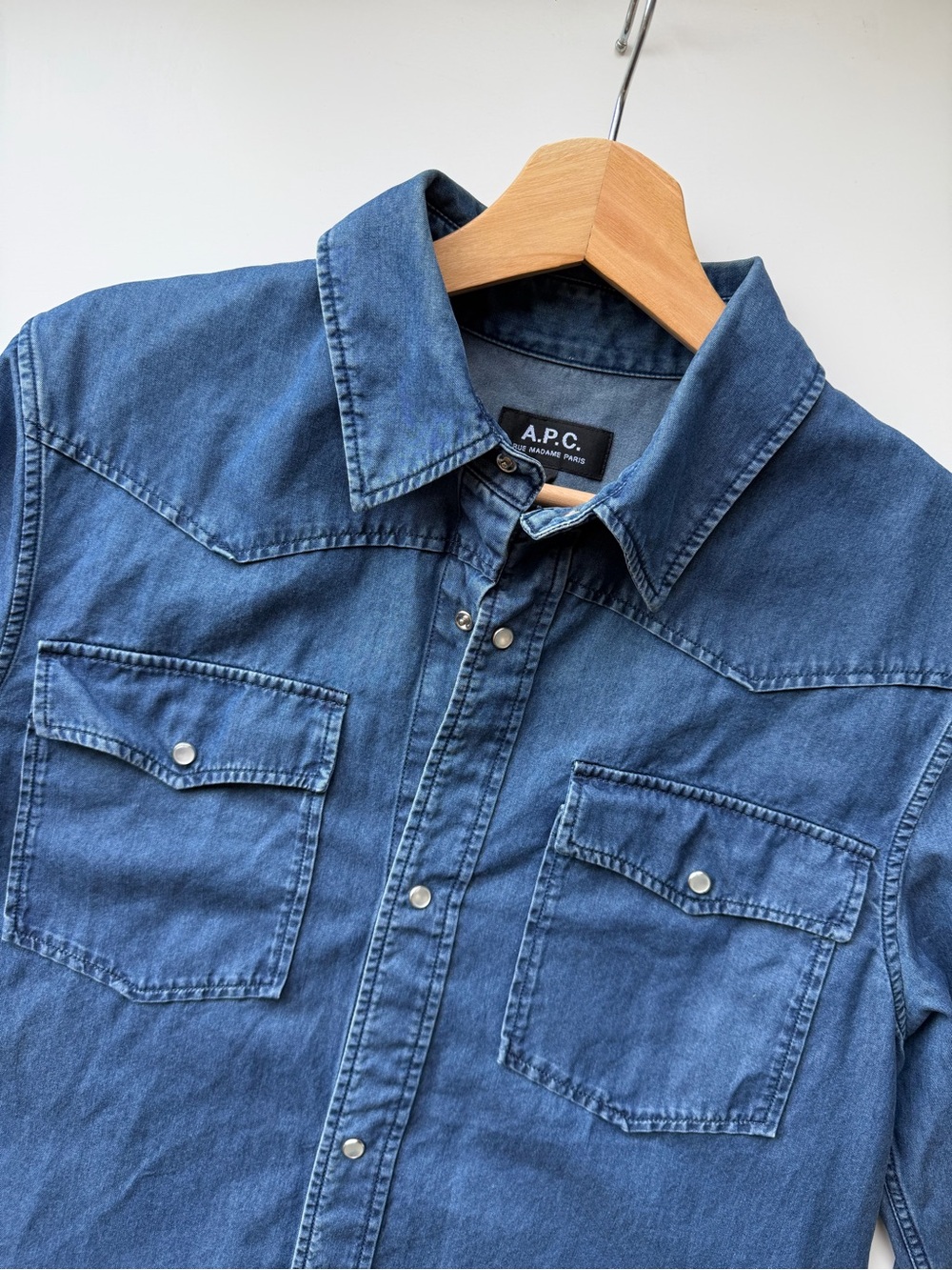 A.P.C. Men's Blue Denim Western Shirt Pearl Snap Buttons
